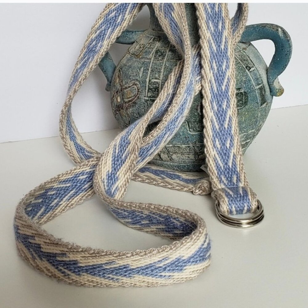 Woven Boho Chic Belt With Blue & Beige Geometric Pattern And D-Ring